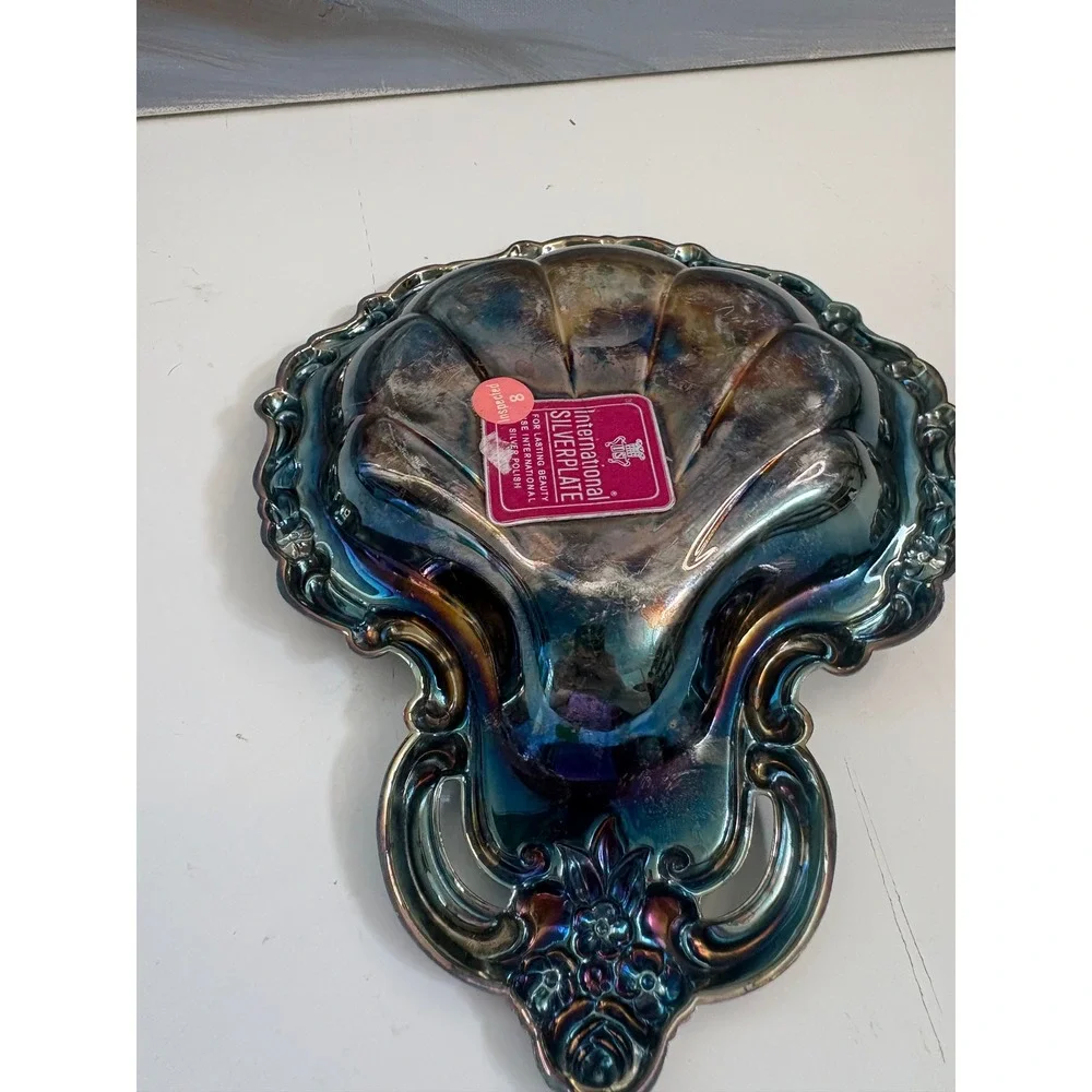 International Silverplate Shell Trinket Dish Iridescent Rainbow Tarnish Vintage